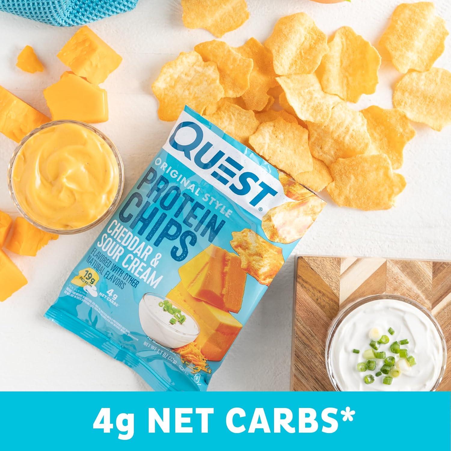 image:imageQuest Nutrition Dill Pickle Flavored Protein Chips 19g Protein 4g Net Carbs Protein Snacks Gluten Free 12 CountCheddar Sour Cream