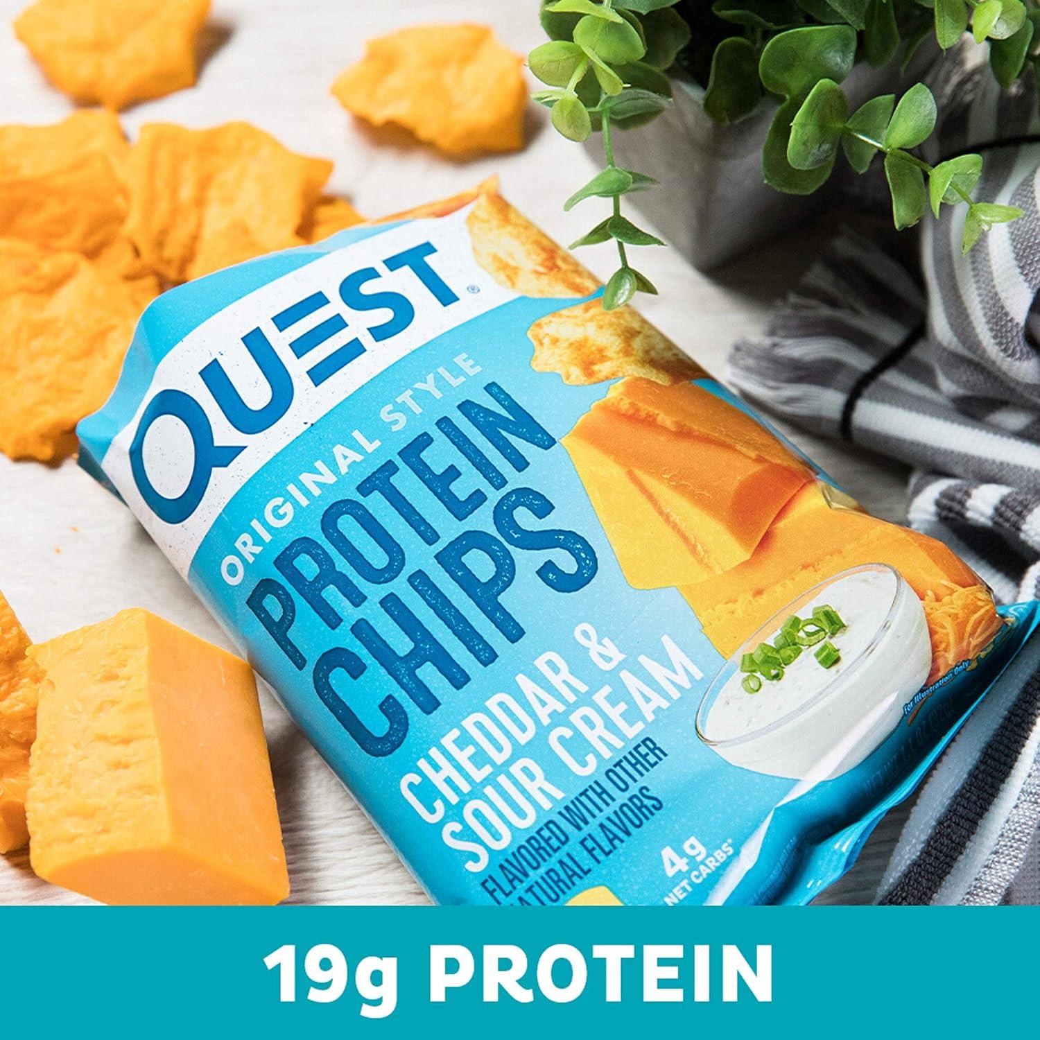 image:imageQuest Nutrition Dill Pickle Flavored Protein Chips 19g Protein 4g Net Carbs Protein Snacks Gluten Free 12 CountCheddar Sour Cream