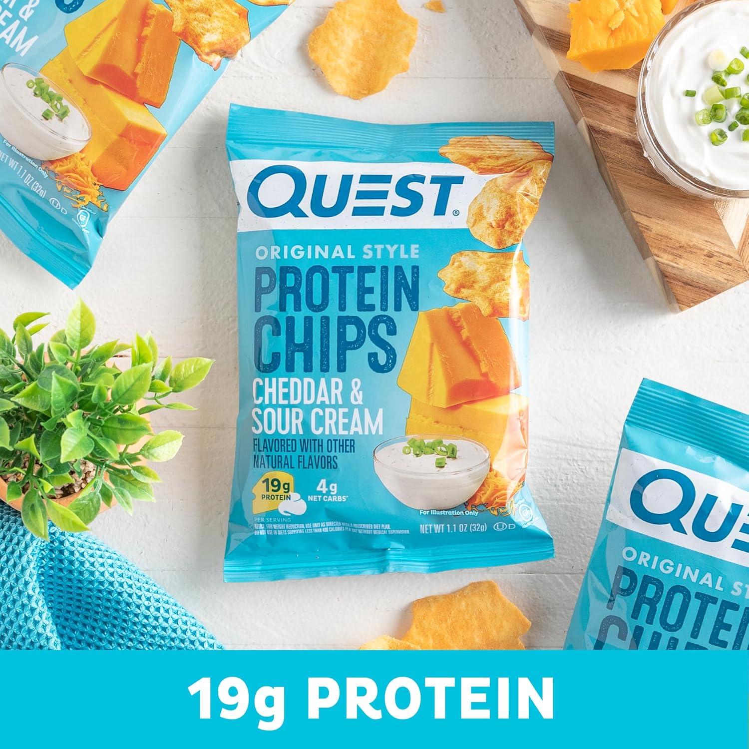 image:imageQuest Nutrition Dill Pickle Flavored Protein Chips 19g Protein 4g Net Carbs Protein Snacks Gluten Free 12 CountCheddar Sour Cream