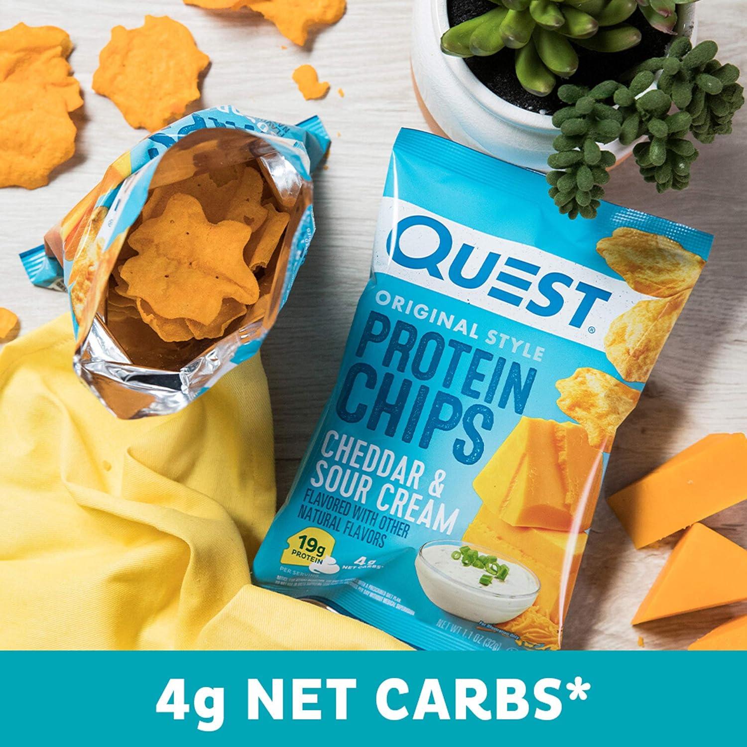image:imageQuest Nutrition Dill Pickle Flavored Protein Chips 19g Protein 4g Net Carbs Protein Snacks Gluten Free 12 CountCheddar Sour Cream