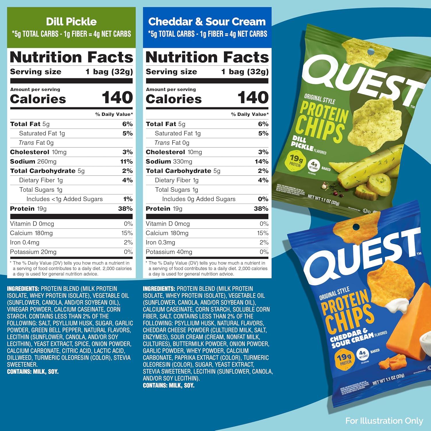 image:imageQuest Nutrition Dill Pickle Flavored Protein Chips 19g Protein 4g Net Carbs Protein Snacks Gluten Free 12 CountDill Pickle BBQ Cheddar Sour Cream Sour Cream Onion
