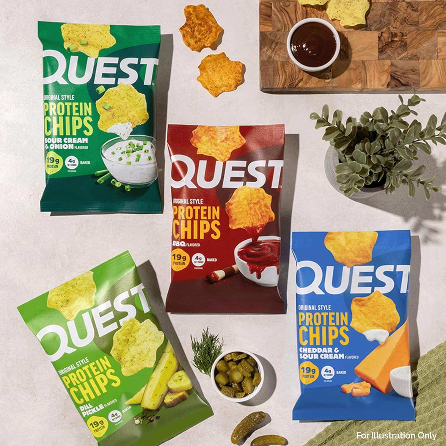 image:imageQuest Nutrition Dill Pickle Flavored Protein Chips 19g Protein 4g Net Carbs Protein Snacks Gluten Free 12 CountDill Pickle BBQ Cheddar Sour Cream Sour Cream Onion