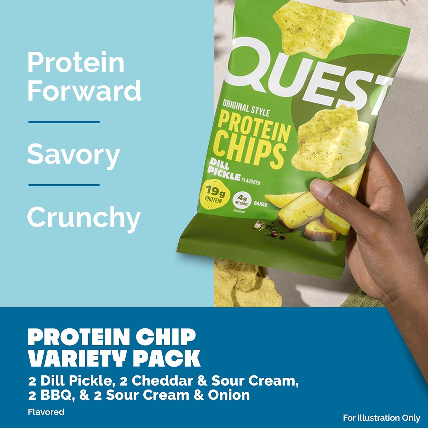 image:imageQuest Nutrition Dill Pickle Flavored Protein Chips 19g Protein 4g Net Carbs Protein Snacks Gluten Free 12 CountDill Pickle BBQ Cheddar Sour Cream Sour Cream Onion