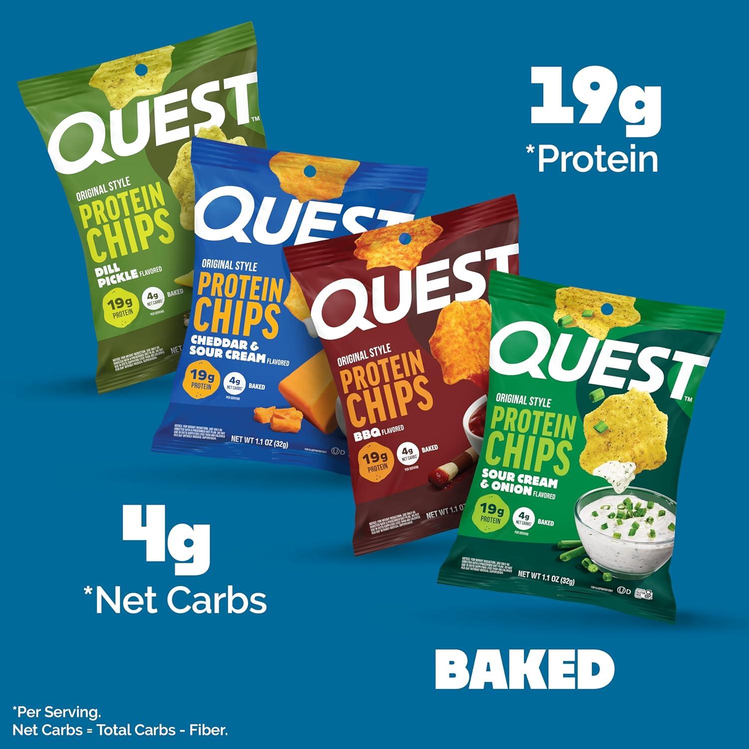 image:imageQuest Nutrition Dill Pickle Flavored Protein Chips 19g Protein 4g Net Carbs Protein Snacks Gluten Free 12 CountDill Pickle BBQ Cheddar Sour Cream Sour Cream Onion
