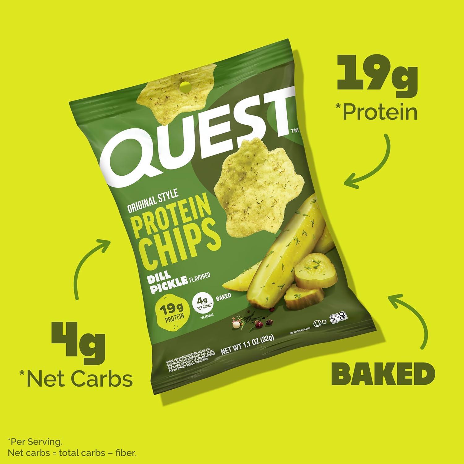 image:imageQuest Nutrition Dill Pickle Flavored Protein Chips 19g Protein 4g Net Carbs Protein Snacks Gluten Free 12 CountDill Pickle