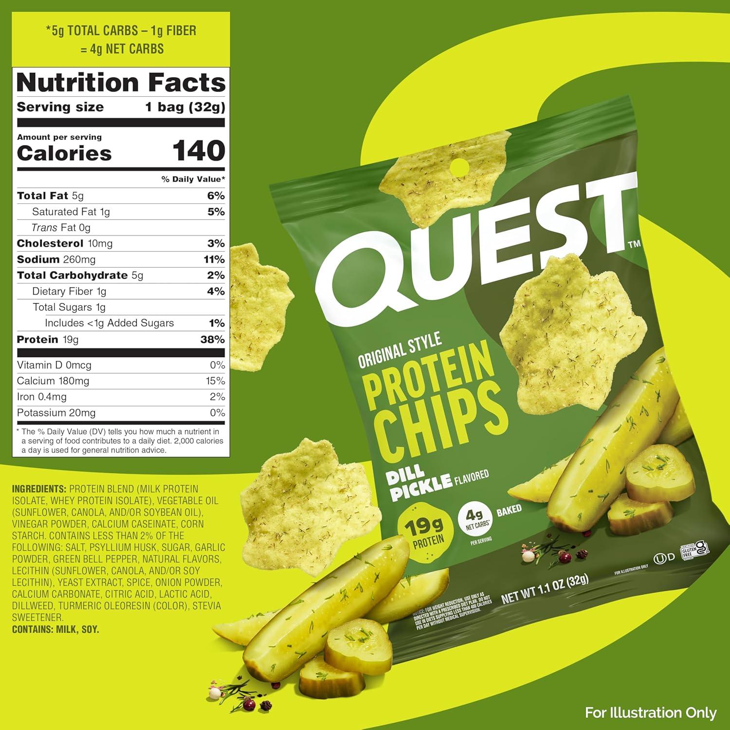 image:imageQuest Nutrition Dill Pickle Flavored Protein Chips 19g Protein 4g Net Carbs Protein Snacks Gluten Free 12 CountDill Pickle