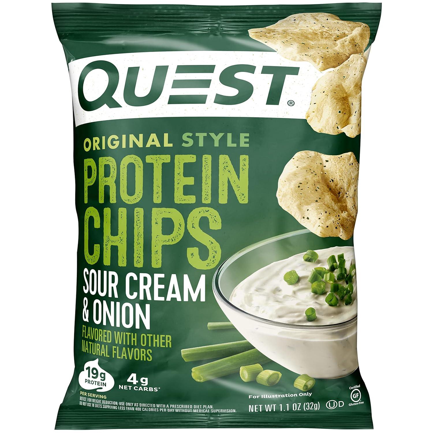 image:imageQuest Nutrition Dill Pickle Flavored Protein Chips 19g Protein 4g Net Carbs Protein Snacks Gluten Free 12 CountSour Cream Onion