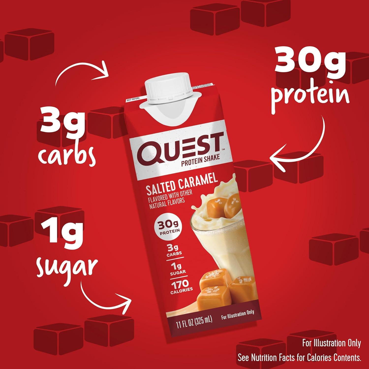 image:imageQuest Nutrition Ready To Drink Chocolate Protein Shake 30g Protein 4g Net Carbs Gluten Free Keto Friendly 11 fl oz Pack of 12Salted Caramel