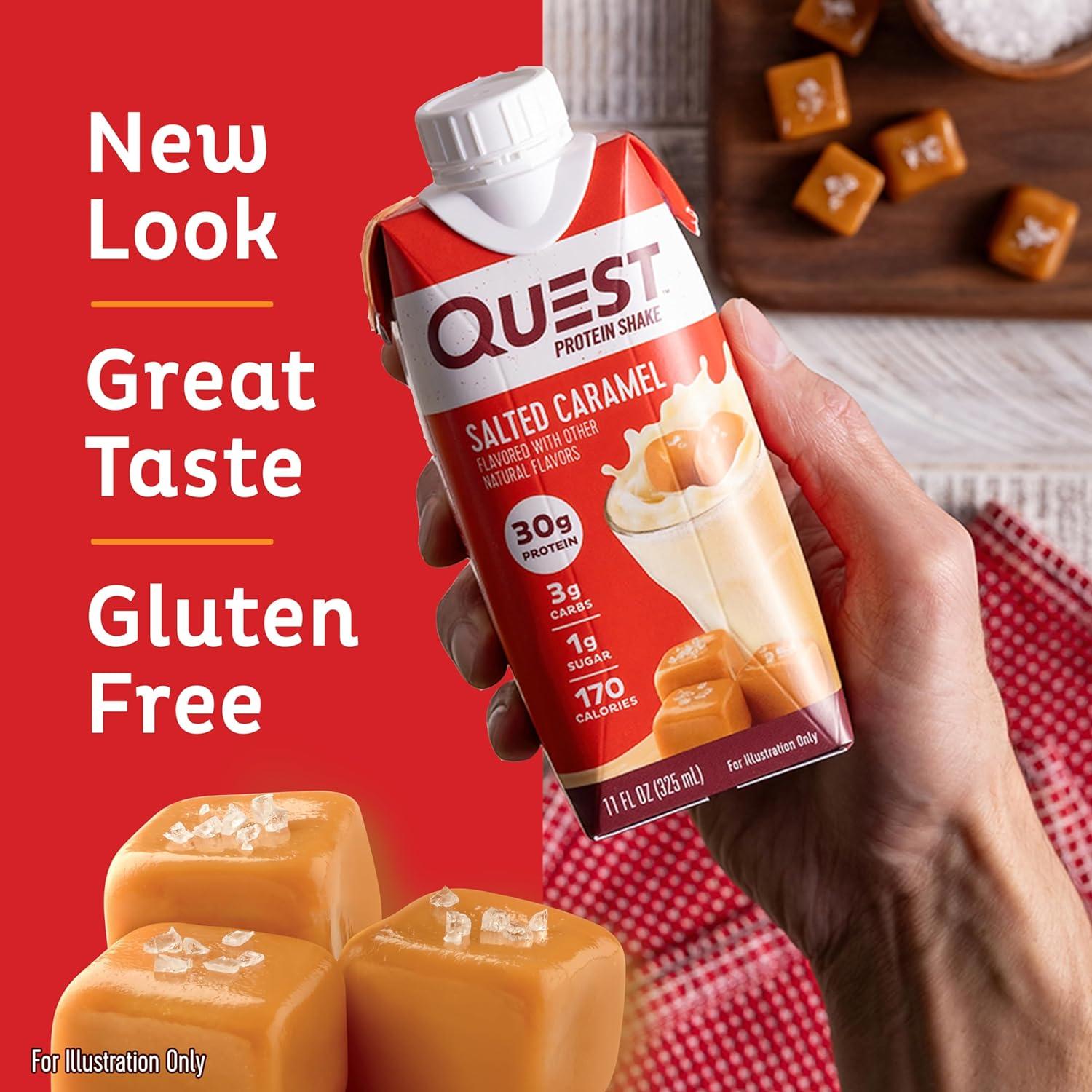 image:imageQuest Nutrition Ready To Drink Chocolate Protein Shake 30g Protein 4g Net Carbs Gluten Free Keto Friendly 11 fl oz Pack of 12Salted Caramel