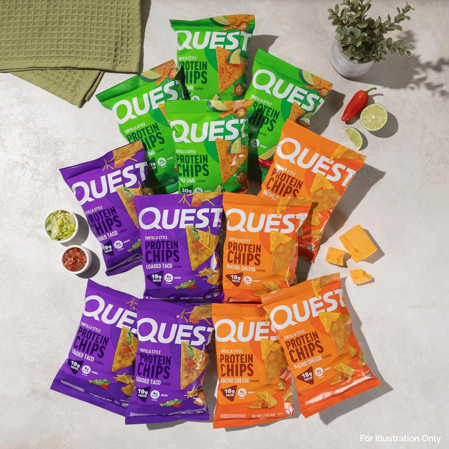 image:imageQuest Nutrition Tortilla Style Protein Chips Salty Snack Variety Pack Pizza Loaded Taco Nacho Cheese Ranch High Protein Snack Low Carb Gluten Free 11 oz Pack of 8 2 each flavorNacho Cheese Loaded Taco Chili Lime