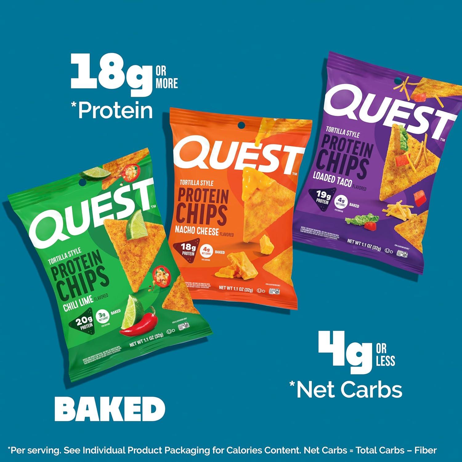 image:imageQuest Nutrition Tortilla Style Protein Chips Salty Snack Variety Pack Pizza Loaded Taco Nacho Cheese Ranch High Protein Snack Low Carb Gluten Free 11 oz Pack of 8 2 each flavorNacho Cheese Loaded Taco Chili Lime