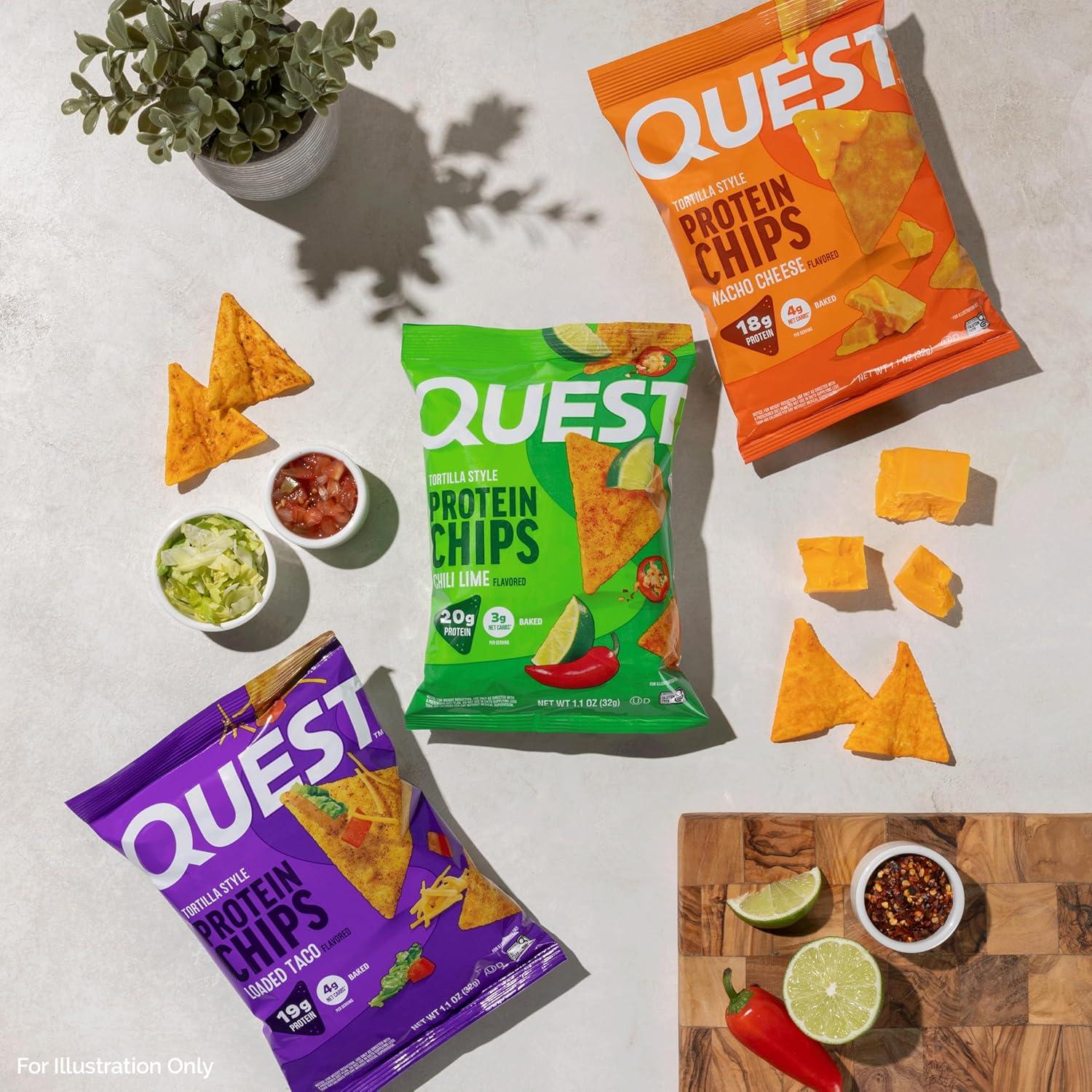 image:imageQuest Nutrition Tortilla Style Protein Chips Salty Snack Variety Pack Pizza Loaded Taco Nacho Cheese Ranch High Protein Snack Low Carb Gluten Free 11 oz Pack of 8 2 each flavorNacho Cheese Loaded Taco Chili Lime