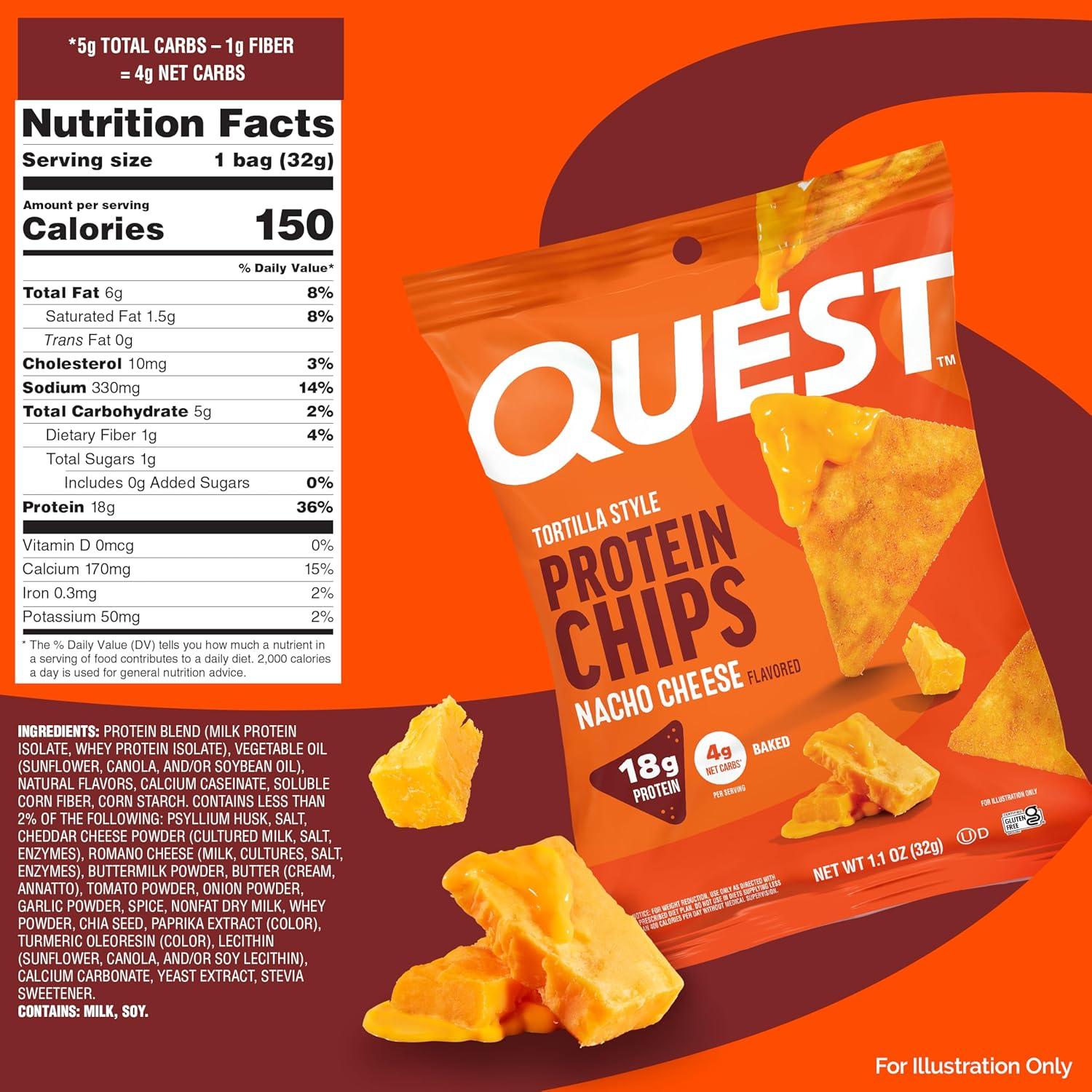 image:imageQuest Nutrition Tortilla Style Protein Chips Salty Snack Variety Pack Pizza Loaded Taco Nacho Cheese Ranch High Protein Snack Low Carb Gluten Free 11 oz Pack of 8 2 each flavorNacho Cheese
