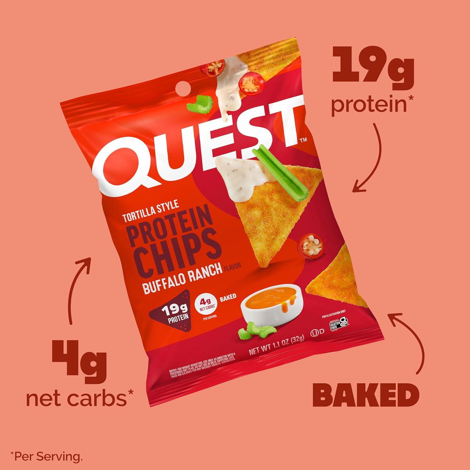 image:imageQuest Nutrition Tortilla Style Protein Chips Salty Snack Variety Pack Pizza Loaded Taco Nacho Cheese Ranch High Protein Snack Low Carb Gluten Free 11 oz Pack of 8 2 each flavorBuffalo Ranch
