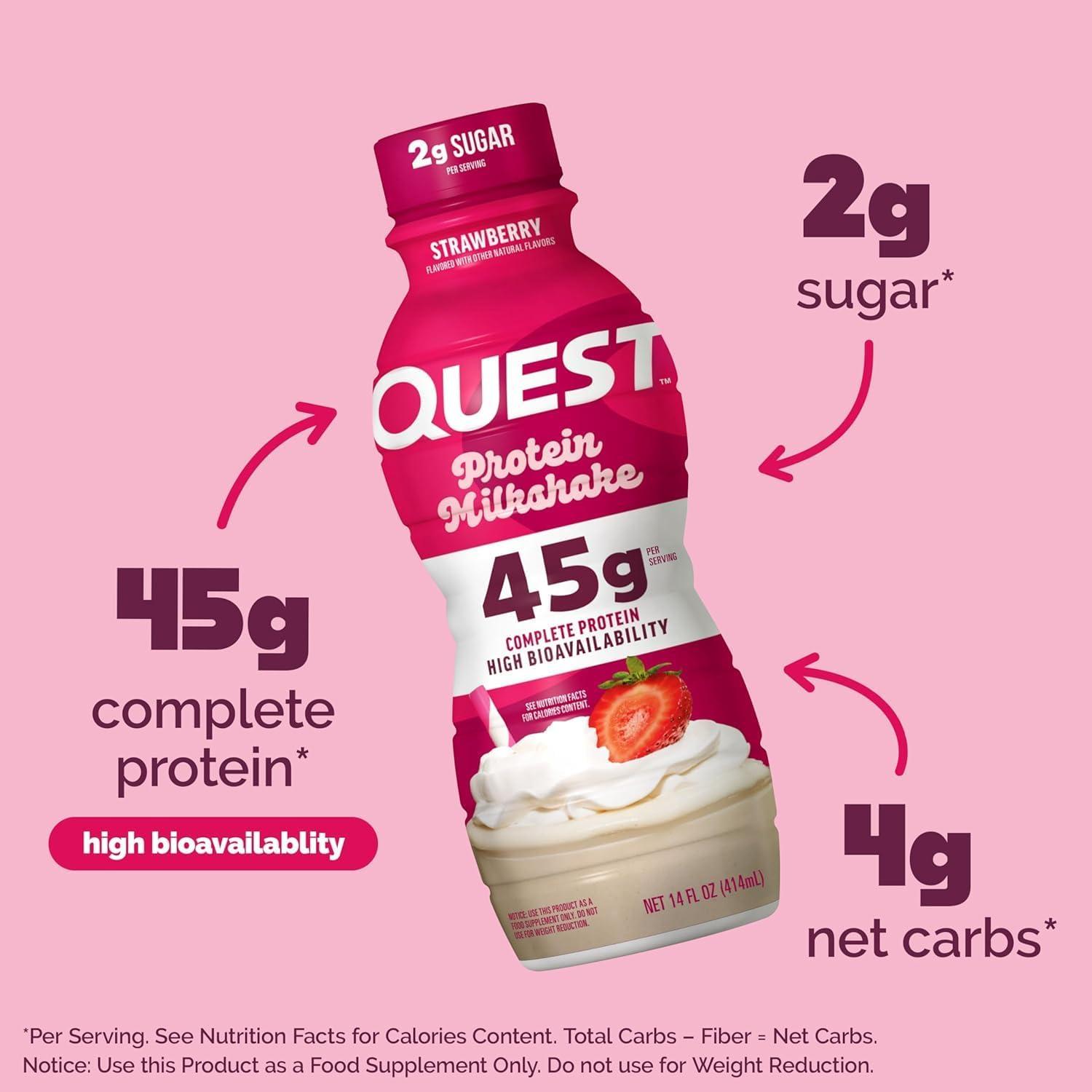 image:imageQuest Nutrition Vanilla Protein Shake 45g Protein 2g Sugar 3g Net Carbs Ready to Drink Gluten Free 4 CountStrawberry
