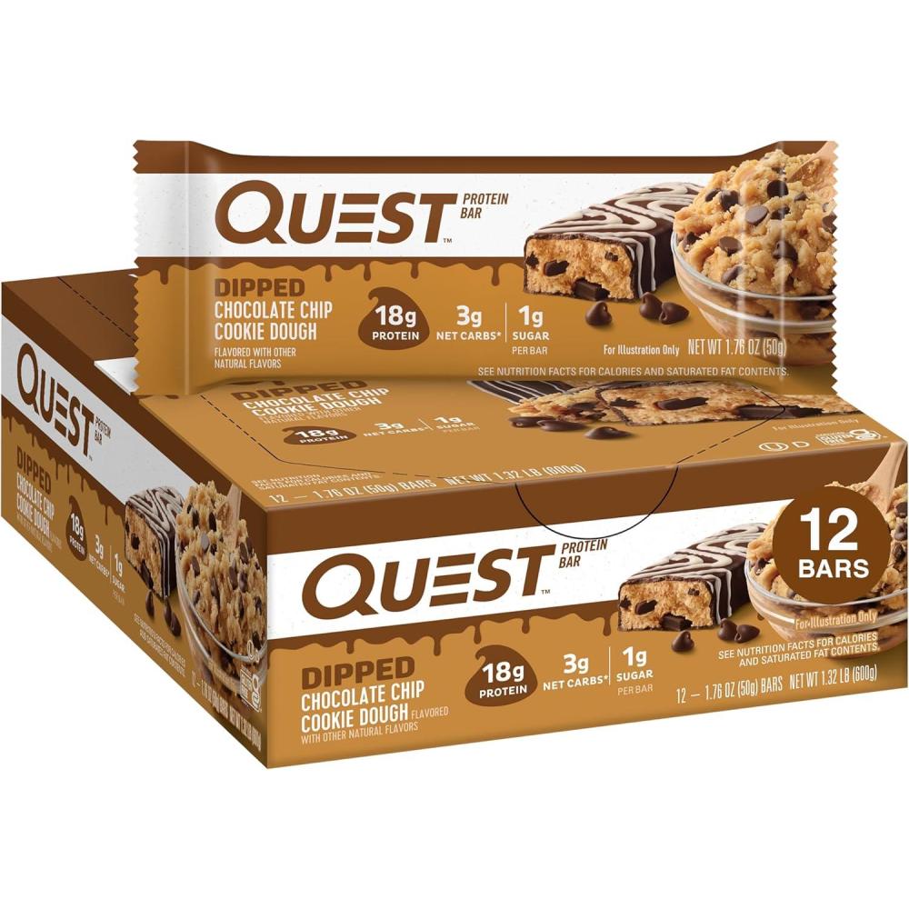 image:imageQuest Nutrition Chocolate Chip Cookie Dough Protein Bars High Protein Low Carb Gluten Free Keto Friendly 12 CountDipped Chocolate Chip Cookie Dough