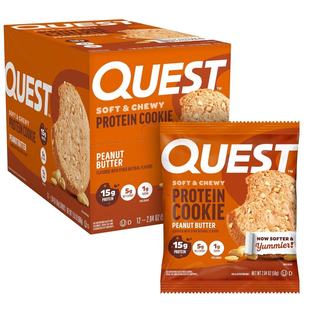 image:imageQuest Nutrition Chocolate Chip Protein Cookie 15g Protein 1g Sugar 2g Net Carbs Keto Friendly High Protein Low Carb 12 CountPeanut Butter