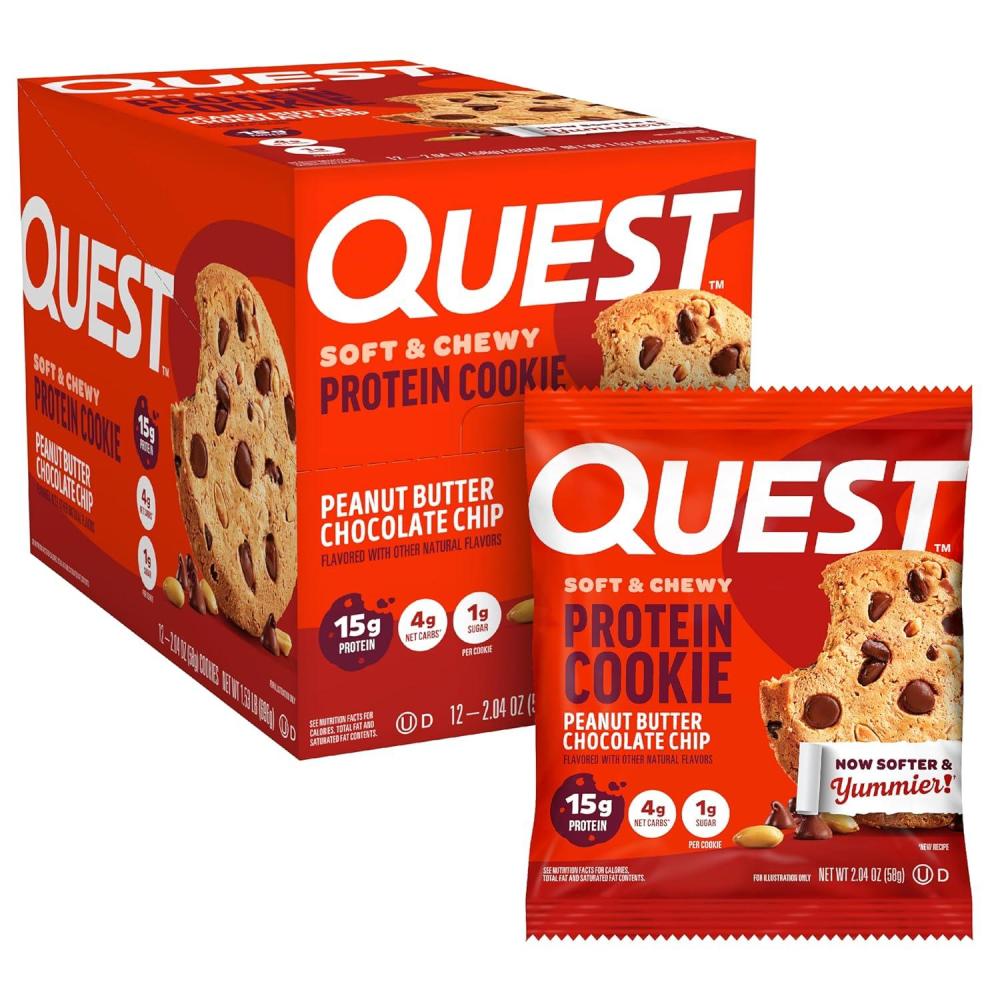 image:imageQuest Nutrition Chocolate Chip Protein Cookie 15g Protein 1g Sugar 2g Net Carbs Keto Friendly High Protein Low Carb 12 CountPeanut Butter Chocolate Chip