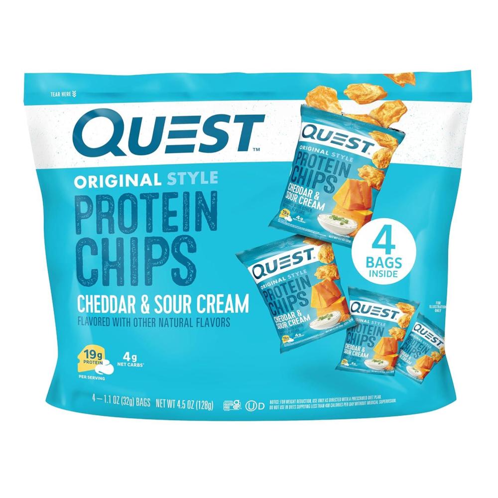image:imageQuest Nutrition Dill Pickle Flavored Protein Chips 19g Protein 4g Net Carbs Protein Snacks Gluten Free 12 CountCheddar Sour Cream