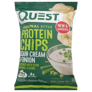 image:imageQuest Nutrition Dill Pickle Flavored Protein Chips 19g Protein 4g Net Carbs Protein Snacks Gluten Free 12 CountSour Cream  Onion